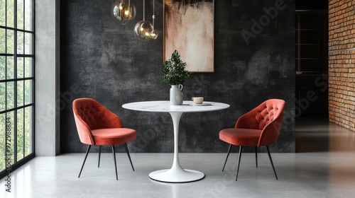 35 x 28 inch white oval dining table with two round pink velvet chairs, an accent chair, round metal legs, and a high back, suitable for home and kitchen interior design.