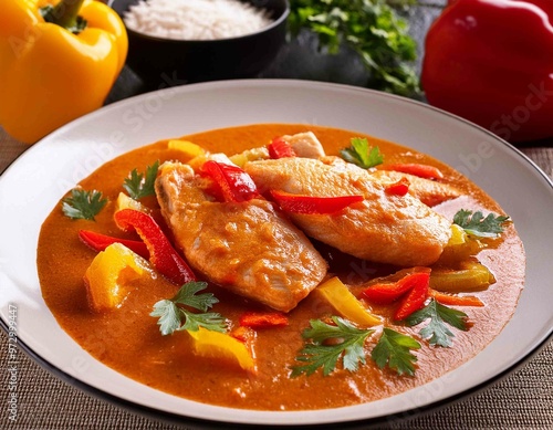 brazilian food moqueca baiana of fish and bell peppers in spicy coconut sauce