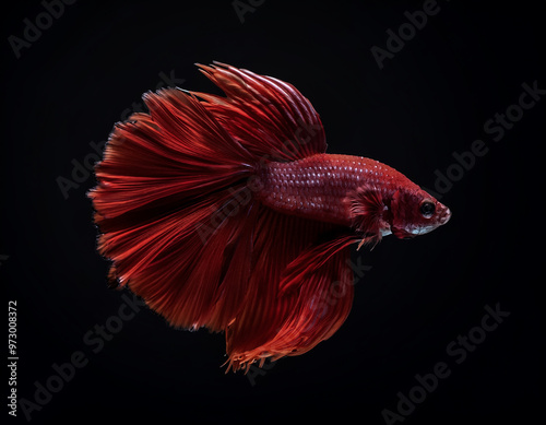 charming and elegant red betta fish isolated on dark black background