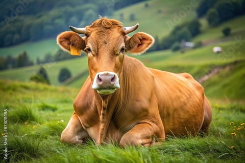 A relaxed brown cow settles onto the lush green grass, its legs tucked underneath, looking remarkably comfortable in its unusual sitting position in a rural meadow.