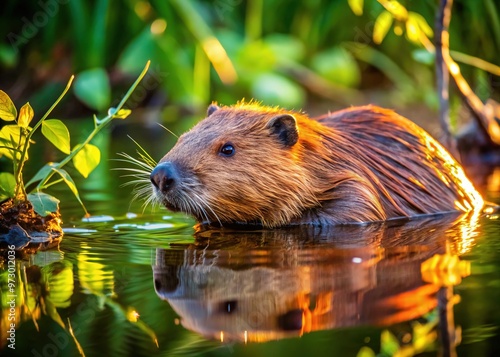 A rust-red beaver glides effortlessly through the tranquil forest pond's surface, its surroundings characterized by vibrant greenery and fallen branches scattered about.