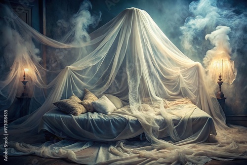 A wispy veil clings to the rumpled bed, misty tendrils curling around pillows and edges, as if ghostly fingers held the fabric in a gentle grasp.