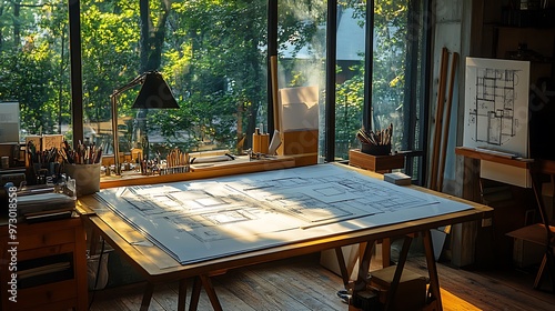 Drafting table with open house plans and precise drawing instruments, basking in warm, natural light from a nearby window