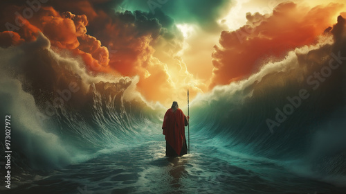 Moses parting the Red Sea, with towering walls of water 