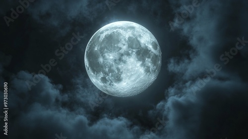 Full moon shining on cloudy Night sky background.