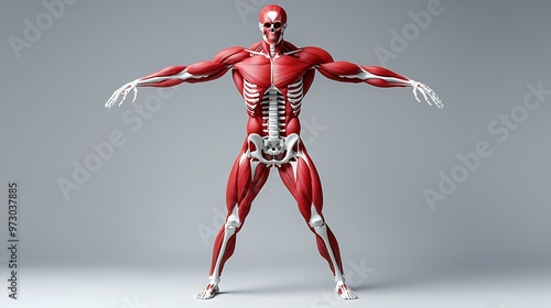 A detailed 3D model of the human muscular system shows every muscle in lifelike form.