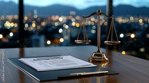 The scales of justice sit prominently on a lawyer�s desk, framed by a city skyline view.