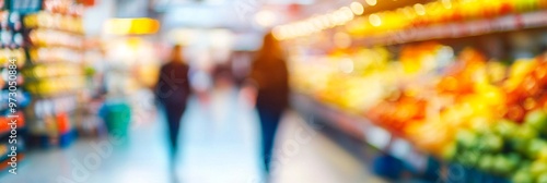 Blurred supermarket aisle with vibrant produce section and shoppers, creating a dreamy, colorful atmosphere of abundance and daily life in a modern grocery store.