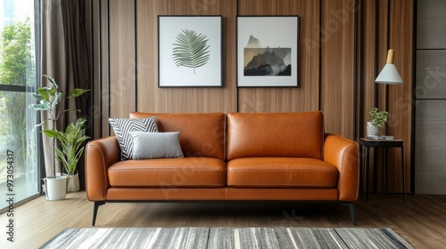 A stylish brown leather two-seater sofa with black metal legs, featuring square arms and backrests for extra comfort in an elegant home interior setting. 