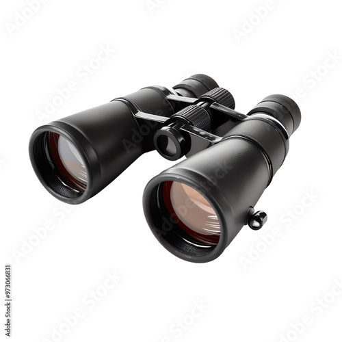 Close-up image of black binoculars with large lenses, isolated on a white background. Ideal for outdoor activities and wildlife observation.