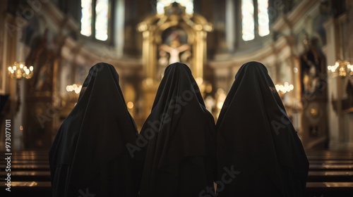 Three women in black robes stand in a church