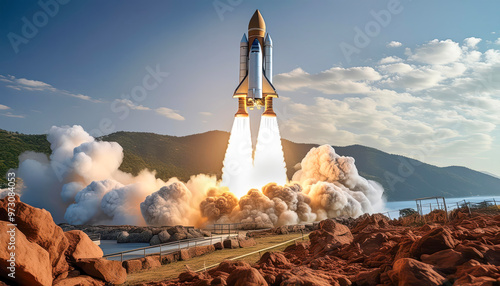 Rocket liftoff. and rocket that are moving in the sky with a cloudy day background