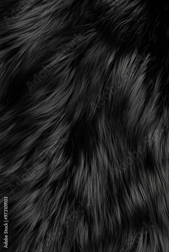 Professional Macro View of Fluffy Black Fur Texture. Top View of Soft, Colorful Hairy Background with Wavy Pattern. Close-Up of Rich, Cozy Animal Fur Texture