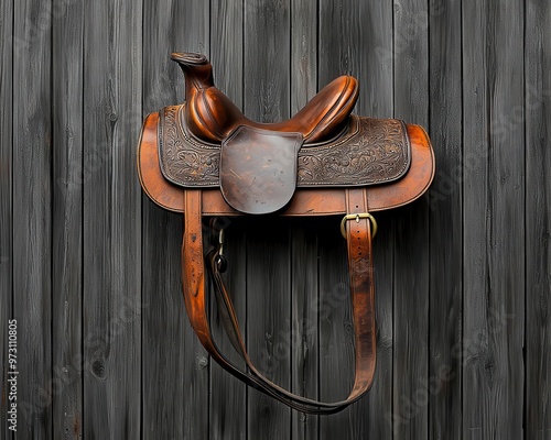 Worn leather saddle with brass buckles, hanging from an old barn door, steeped in history antique saddle, timeworn, rustic equestrian