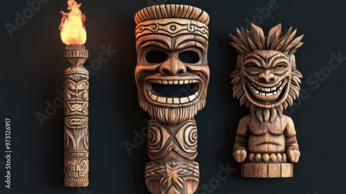 An isolated design element depicting a tiki man with a torch and mask, tribal wooden totems, Hawaiian or Polynesian attributes, and an aborigine in an elaborate mask with a toothy smile.