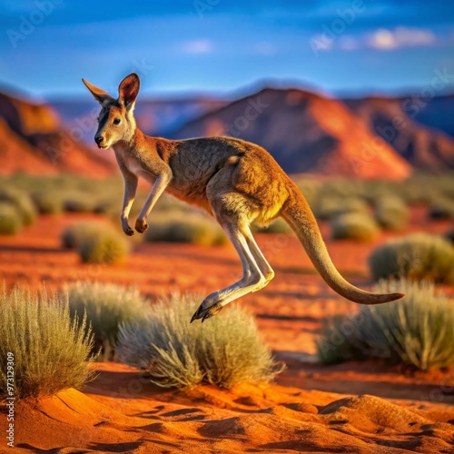 Kangaroo Leaping in the Outback A kangaroo bounding across the red sands of the Australian outback, with rugged rocks and sparse vegetation in the background.