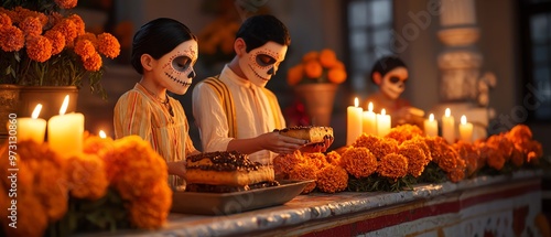 Children celebrate Day of the Dead with traditional attire, candles, and vibrant marigolds, honoring their ancestors at an altar.