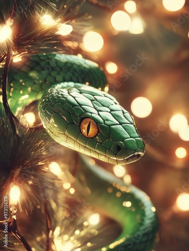 Cute green snake symbol of the new year 2025. Bright New Year background with lights