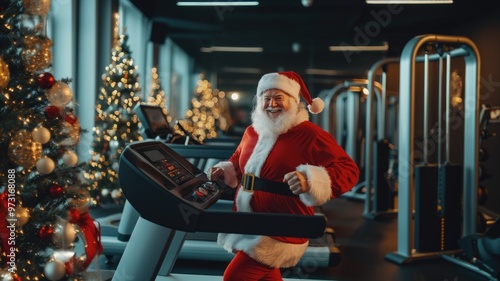 Santa Claus at the gym, running on a treadmill to maintain his fitness. Santa’s festive health routine includes body training, gym workouts, and staying in shape for the holiday season.