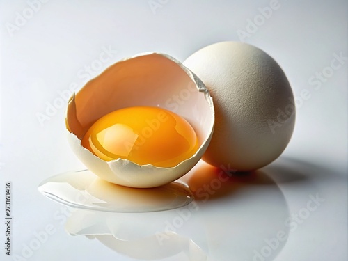 Cracked open egg reveals golden yolk surrounded by translucent whites, set against a clean white background with soft, natural lighting.