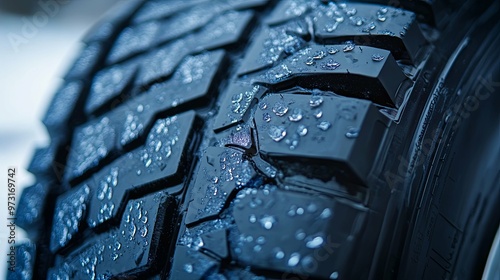 Close-up of a Wet Tire Tread with Water Droplets