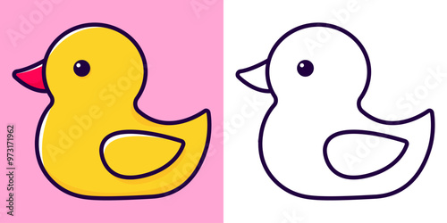 Cute yellow duck. Coloring page for kids. Vector illustration