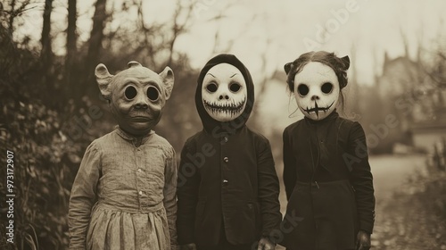 children kids halloween scary vintage photography masks 19th century horror costumes party