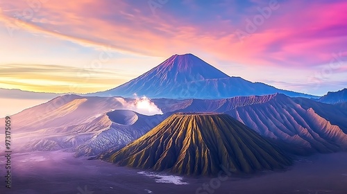 A breathtaking panoramic view of a volcanic mountain range at dawn, with the sky ablaze in vibrant hues of pink and orange. 