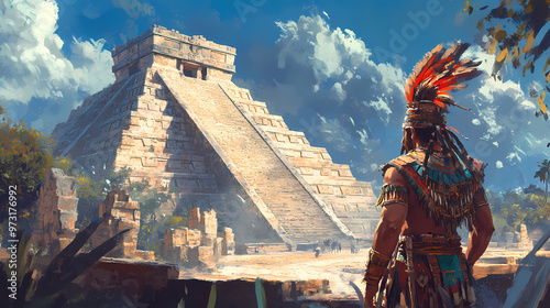 South american man preparing for traditional ceremony at aztec pyramid. Mayan Temple. Illustration