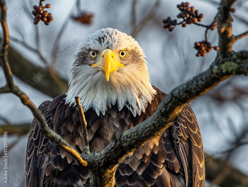 A bald eagle is perched on a tree branch. The bird has a serious expression on its face