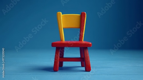 A colorful wooden chair with a bright yellow backrest and red legs, set against a calming blue background.