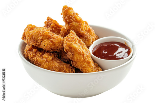 A delicious bowl of crispy fried chicken tenders served with a side of tangy dipping sauce.