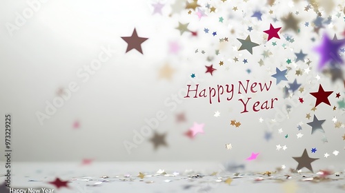 Contemporary "Happy New Year" text in a sleek, italicized font with a light burst effect and scattered stars on a white background