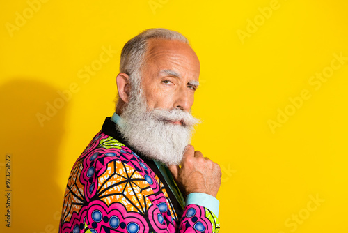 Photo portrait of nice senior male look minded serious camera wear trendy colorful pink fancy outfit isolated on yellow color background