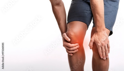 man with knee pain showing red glow area of concern - Sports injury concept torn medial or lateral meniscus, cruciate or collateral ligaments. isolated on white background with copy space