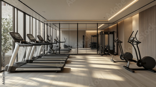 "A contemporary, high-end gym interior within a residential building, equipped with Technogym gear. The setup includes two Excite Live Run treadmills, two Excite Live Synchro ellipticals, 