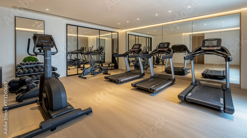 "A contemporary, high-end gym interior within a residential building, equipped with Technogym gear. The setup includes two Excite Live Run treadmills, two Excite Live Synchro ellipticals, 