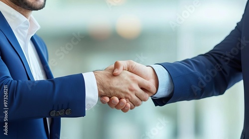 Two business leaders smiling and shaking hands over agreed terms, negotiation terms, positive conclusion