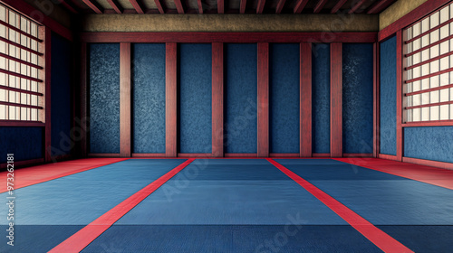 "Traditional blue and red tatami mats in a martial arts hall, serving as a background for text."