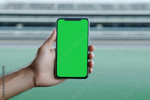 A hand holding a smartphone with a green screen, perfect for adding your own content or branding. The blurred background creates a sense of depth and space.