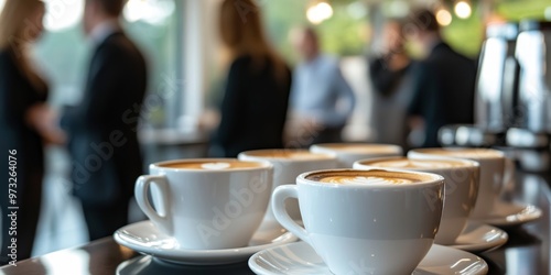 Elegant coffee service area with espresso cups at a business event in a modern office