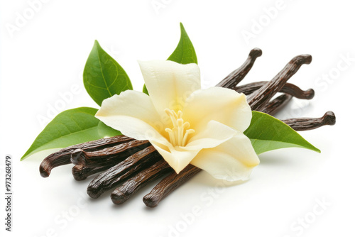 Vanilla flower and pods with green leaves isolated on a white background.