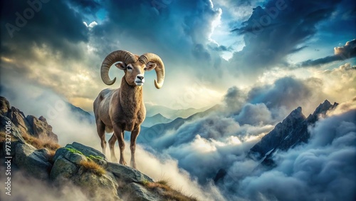 Close-up mystical scene of ram dominating ethereal mountain mist