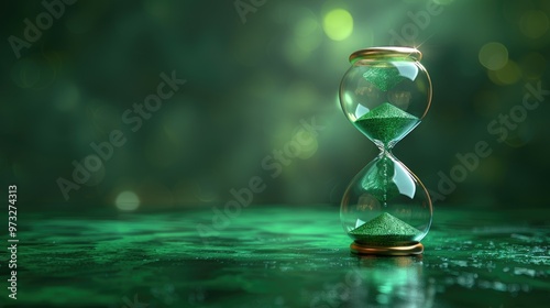 A beautifully designed glass hourglass featuring green sand, with a background of green and gold hues, symbolizing the passage of time in a serene setting.