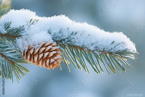 Freshly fallen snow on a pine branch