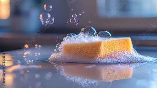 A soapy sponge cleaning kitchen counter with soap bubbles creating cheerful scene