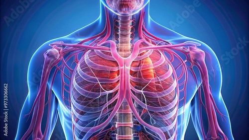 Anatomical illustration of human thoracic cavity showcasing healthy pink lungs, trachea, bronchi, and diaphragm surrounded by ribcage and blood vessels in vibrant colors.