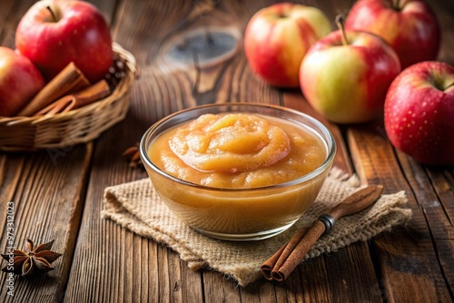 Applesauce in a bowl portion of homemade apple sauce or apple puree in bowl over rustic table close up, vegan, sweet, vegetarian, close-up, apple puree, ingredient, rustic table, dessert