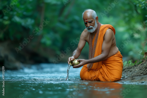 An Indian pandit performs a Pitru Paksha ritual, pouring water from a vessel into the river.