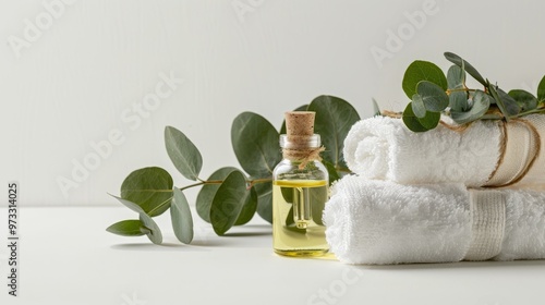 White towel and eucalyptus oil in a spa setting on white background Close-up photo with clean background